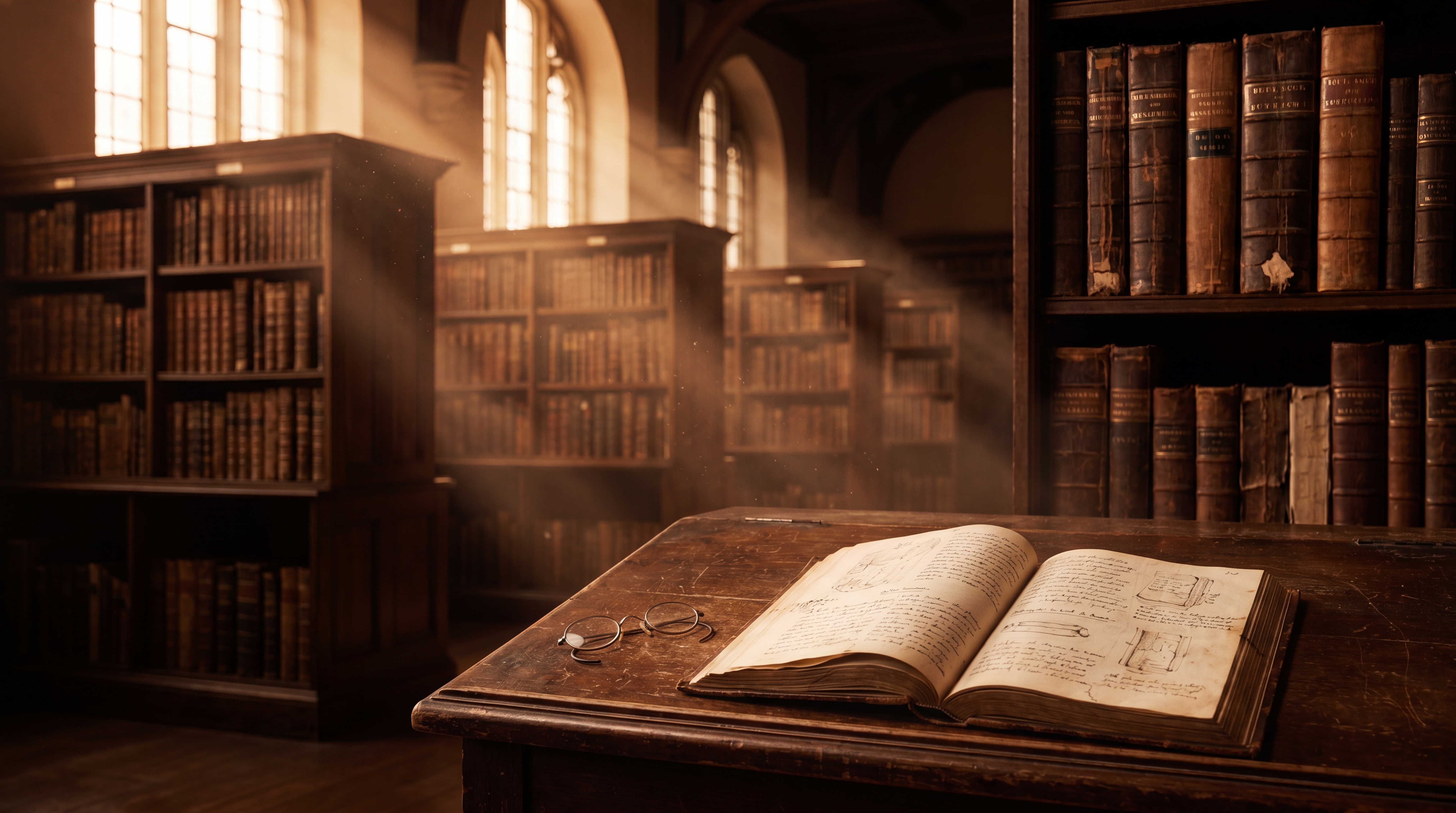 Atmospheric academic library interior in warm afternoon light, with an open book and handwritten annotations on a wooden desk